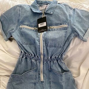 Mid Blue Wash Zip Front Denim Romper.
